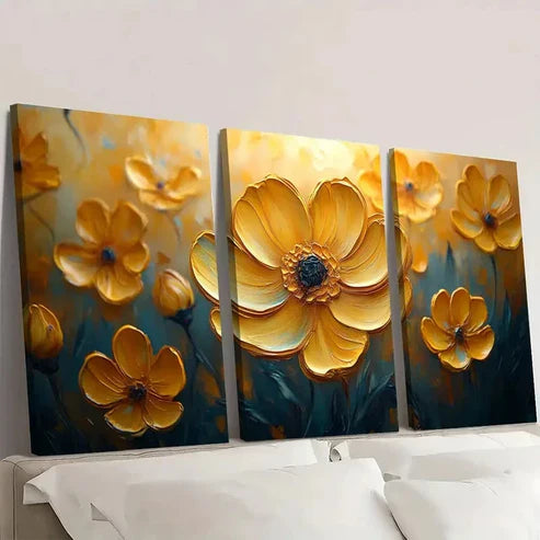 3pcs Yellow Wildflower Artwork AW Wall Art Set Canvas Unframed - High Quality Print 100% Australian Made Wall Canvas