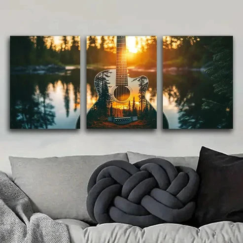 3pcs Guitar Silhouette Music Sun Rise Perfect Wall Art Set Canvas Unframed - High Quality Print 100% Australian Made Wall Canvas