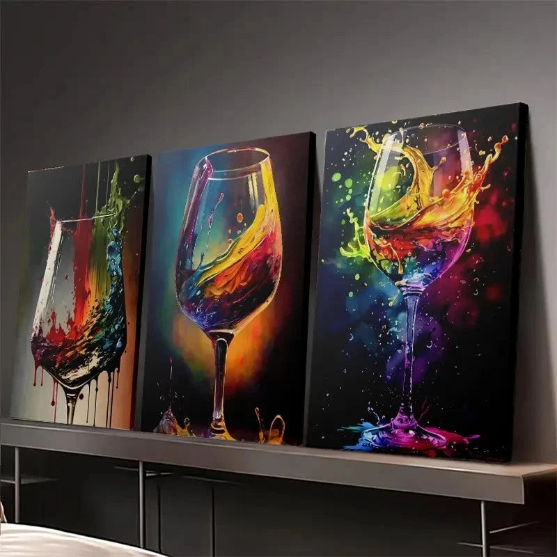 3pcs Colorful Wine Glass Prints, Abstrac Wall Art Set Canvas Framed 40x60cm - High Quality Print 100% Australian Made Wall Canvas Ready to Hang - Bella Home Decor