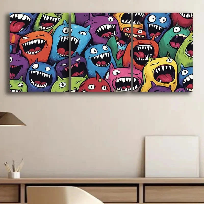 3pcs Whimsical Cartoon Monsters Wall Art Set Canvas Framed 60x90cm - High Quality Print 100% Australian Made Wall Canvas Ready to Hang