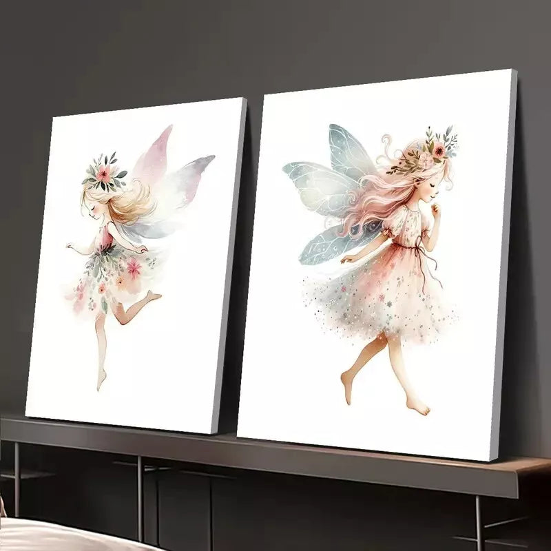 2pcs Painting, Whimsical Little Fairy Watercolor Canvas Framed 50x75cm - High Quality Print 100% Australian Made Wall Canvas Ready to Hang - Bella Home Decor