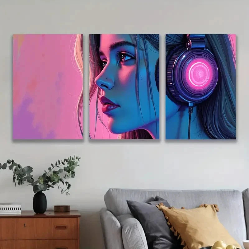 3pcs Woman Wearing Headphones Neon Wall Art Set Canvas Framed 40x60cm - High Quality Print 100% Australian Made Wall Canvas Ready to Hang