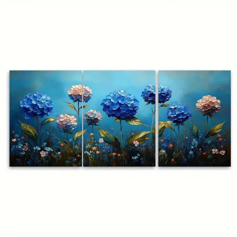3pcs Hydrangea Floral Impasto Meadow Design Wall Art Set Canvas Framed 50x70cm - High Quality Print 100% Australian Made Wall Canvas Ready to Hang