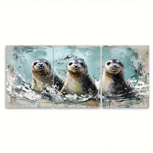 3pcs Seal Painting Sea Animal Illustration Wall Art Canvas Unframed - High Quality Print 100% Australian Made Wall Canvas