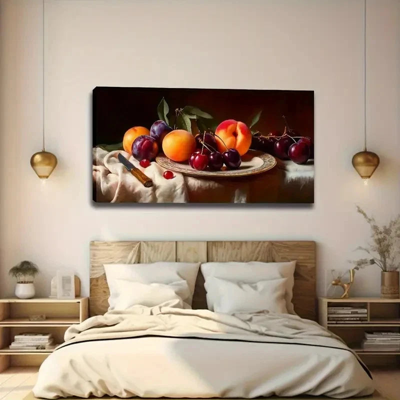 Cherries & Grapes Wooden Plate Wall Art Canvas Office Home Room Framed 120x60cm