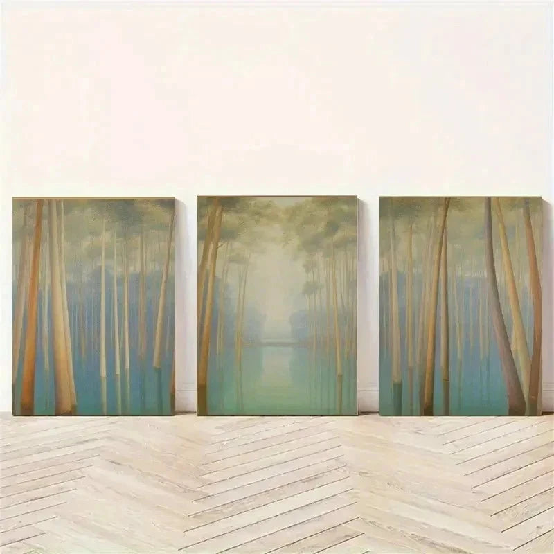 3pcs Tall Trees, Misty Forest, Water Reflection Wall Art Set Canvas Framed 60x90cm - High Quality Print 100% Australian Made Wall Canvas Ready to Hang