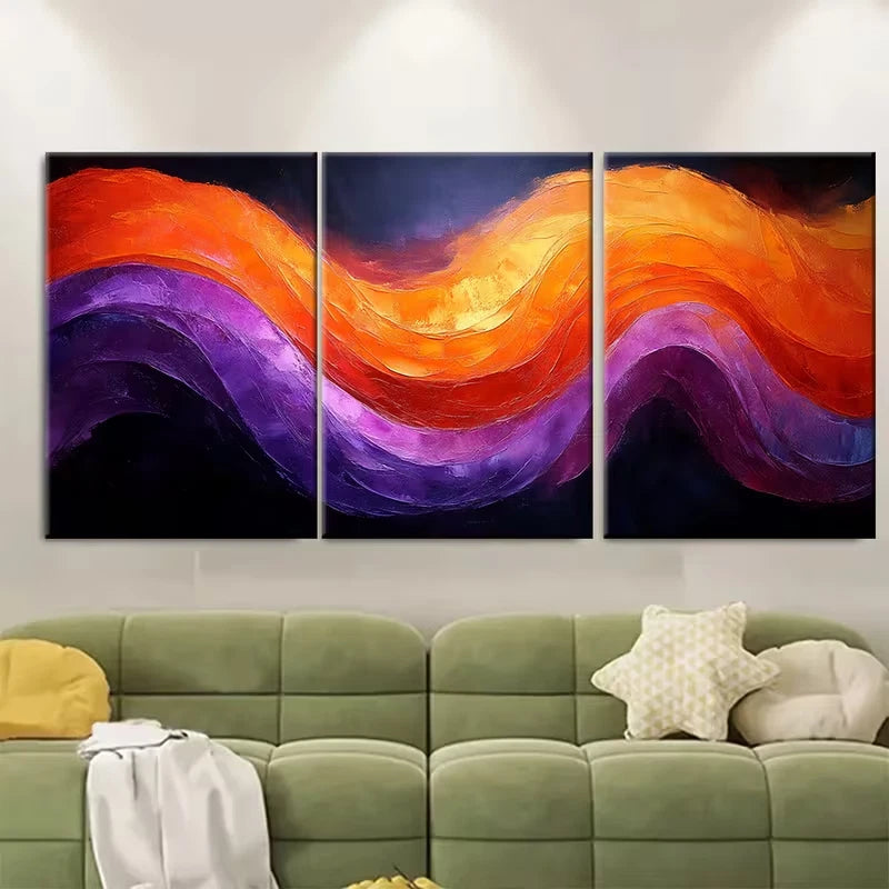 3pcs Abstract Swirling Orange and Purple Flowing Metal Print Ready to Hang Art