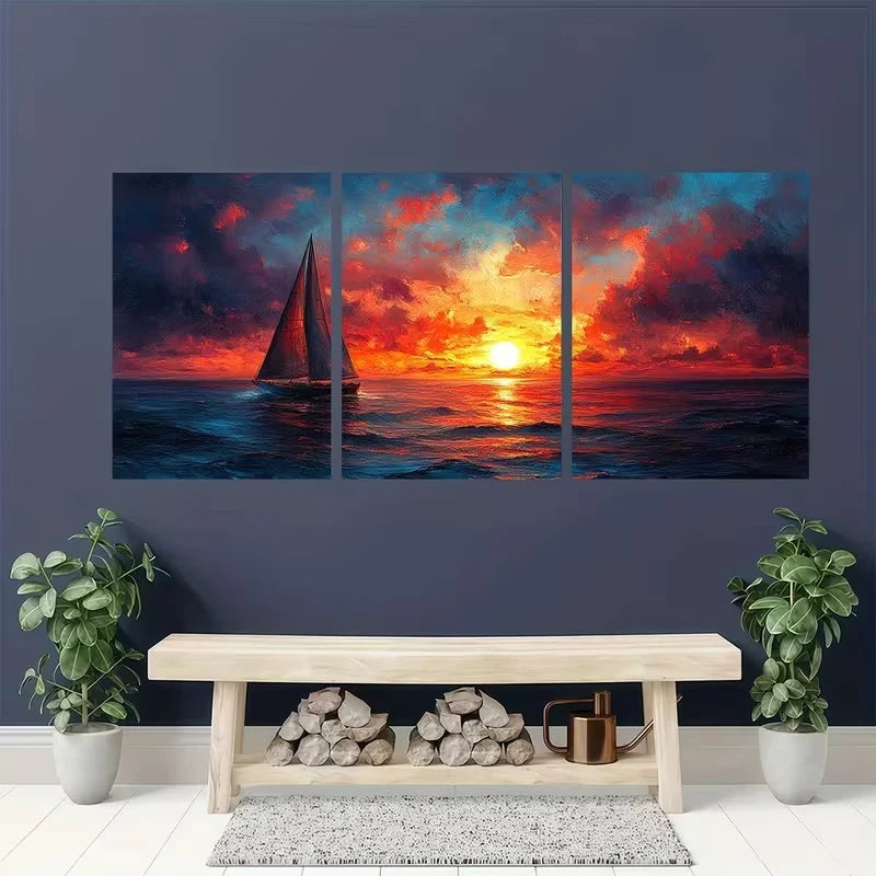 3pcs Coastal Ocean Sunset And Sunrise Themes Metal Print Ready to Hang Art