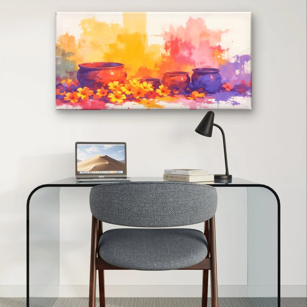 Minimalist Watercolour Pot & Yellow Wall Art Canvas Office Home Framed 120x60cm