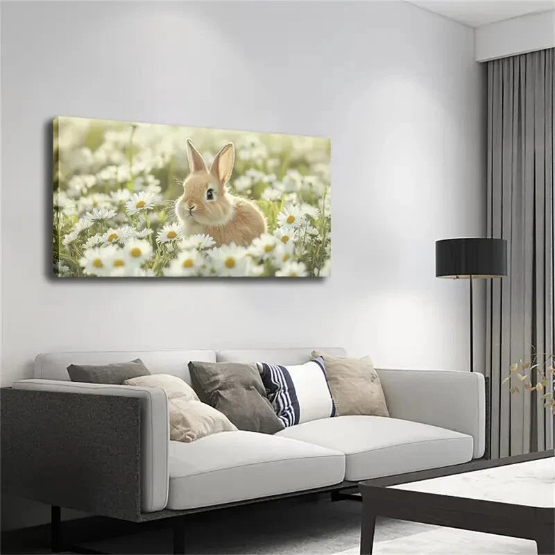 Charming Bunny & Daisy Field Wall Art Canvas Office Home Room Framed 120x60cm - Bella Home Decor