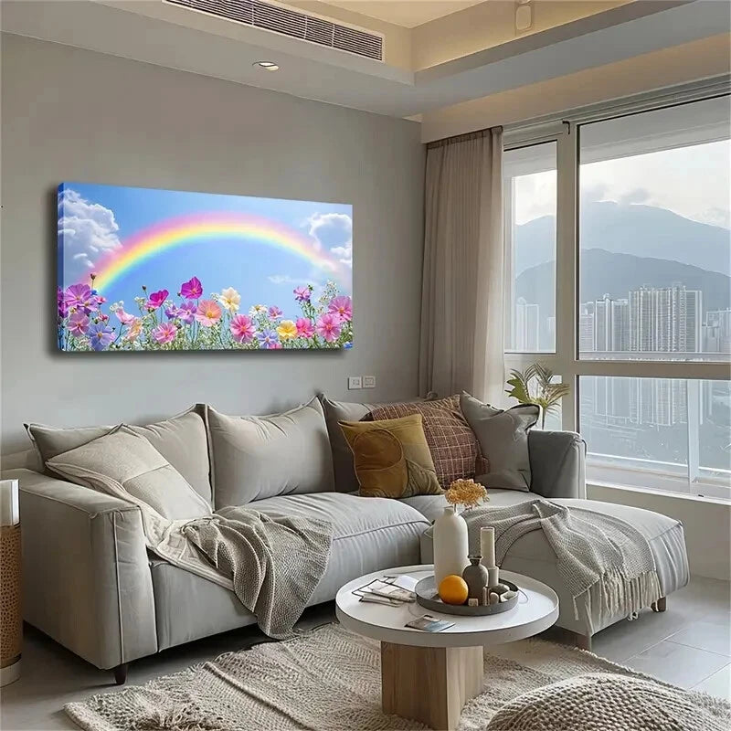 Flowers & Rainbow Bloom Cosmos Wall Art Canvas Office Home Room Framed 120x60cm - Bella Home Decor