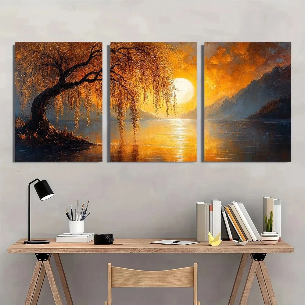 3pcs Painting Weeping Willow Charming Wall Art Set Canvas Framed 50x70cm - High Quality Print 100% Australian Made Wall Canvas Ready to Hang
