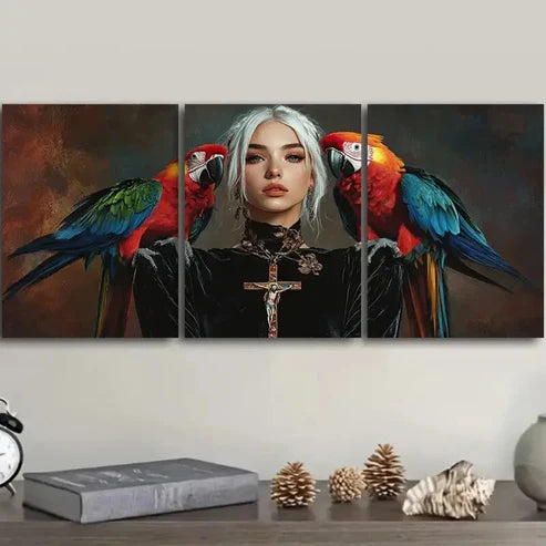 3pcs Colorful Parrots And Girls Wall Art Set Canvas Unframed - High Quality Print 100% Australian Made Wall Canvas - Bella Home Decor