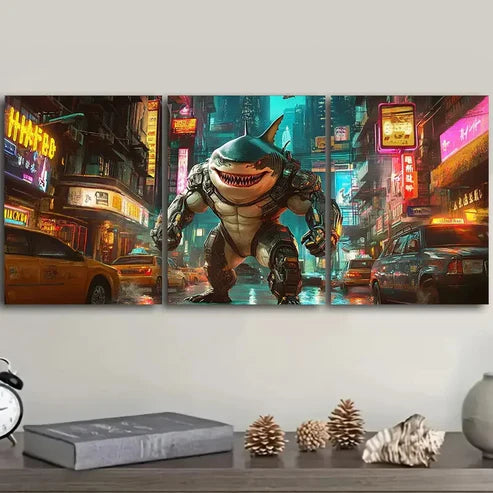 3pcs Shark Warrior Wall Art Set Canvas Unframed - High Quality Print 100% Australian Made Wall Canvas