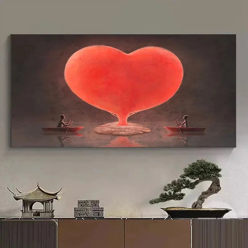 Vibrant Red Heart With Boats Wall Art Canvas Office Home Room Framed 120x60cm