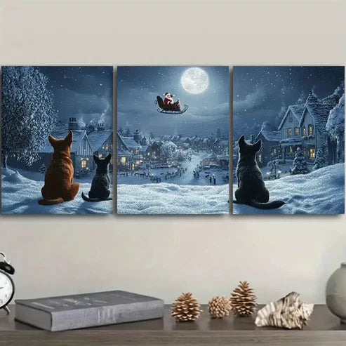 3pcs The dog looks at Santa Claus Wall Art Set Canvas Unframed - High Quality Print 100% Australian Made Wall Canvas