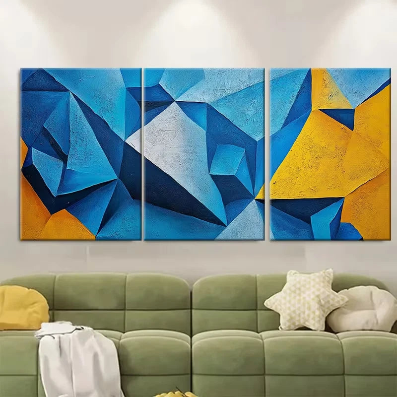 3pcs Abstract Textured Blue and Yellow Geometric Metal Print Ready to Hang Art