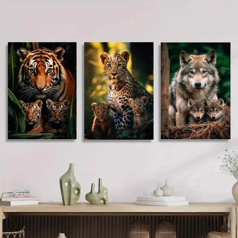 3pcs Vibrant Tiger, Leopard & Wolf Family Canvas Framed 50x70cm - High Quality Print 100% Australian Made Wall Canvas Ready to Hang