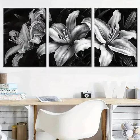 3pcs Modern Minimalist Black And White Floral Wall Art Set Canvas Unframed - High Quality Print 100% Australian Made Wall Canvas