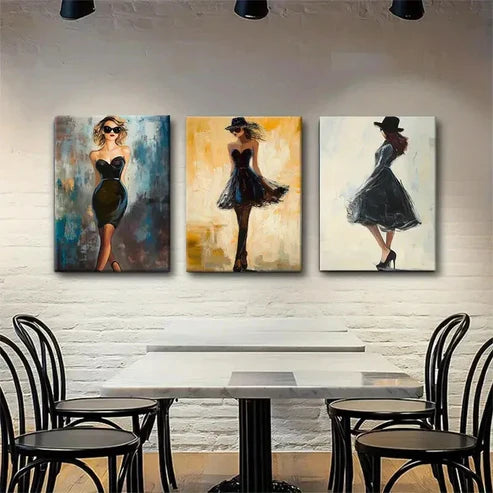 3pcs Women Black Dresses Glasses & Hats Perfect Wall Art Canvas Unframed - High Quality Print 100% Australian Made Wall Canvas