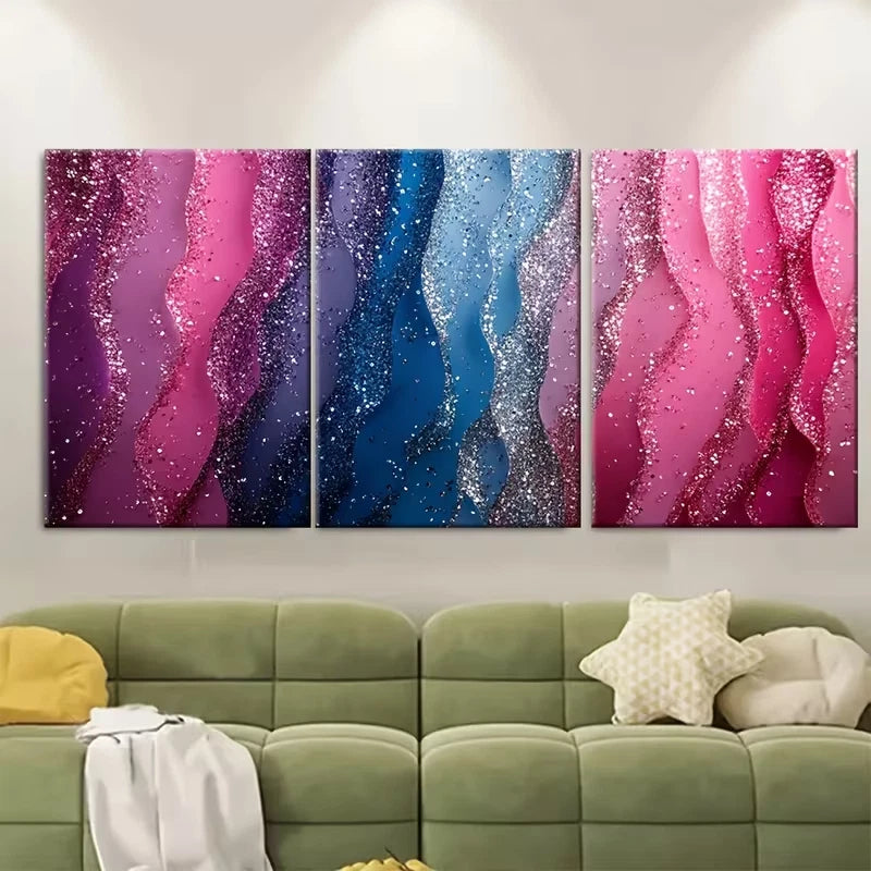 3pcs Vibrant Abstract Pink Blue Silvery Metal Print Ready to Hang Art