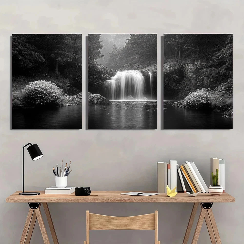 3pcs Black and White Waterfall Serene Forest Wall Art Set Canvas Framed 60x90cm - High Quality Print 100% Australian Made Wall Canvas Ready to Hang - Bella Home Decor