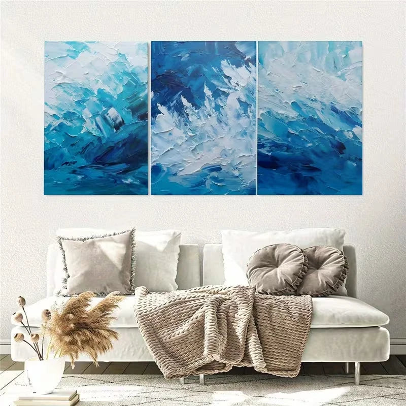 3pcs Modern Blue Textured Abstract Decor Wall Art Set Canvas Framed 60x90cm - High Quality Print 100% Australian Made Wall Canvas Ready to Hang