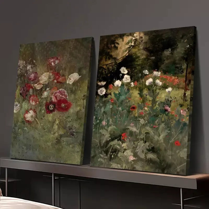 2pcs Decorative Painting, Antique Flower Meadow Canvas Framed 50x75cm - High Quality Print 100% Australian Made Wall Canvas Ready to Hang - Bella Home Decor