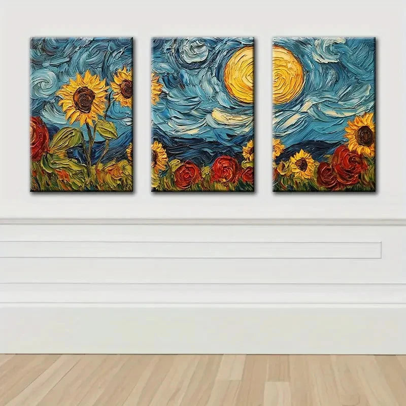 3pcs Sunflower Field Landscape Wall Art Set Canvas Framed 40x60cm - High Quality Print 100% Australian Made Wall Canvas Ready to Hang