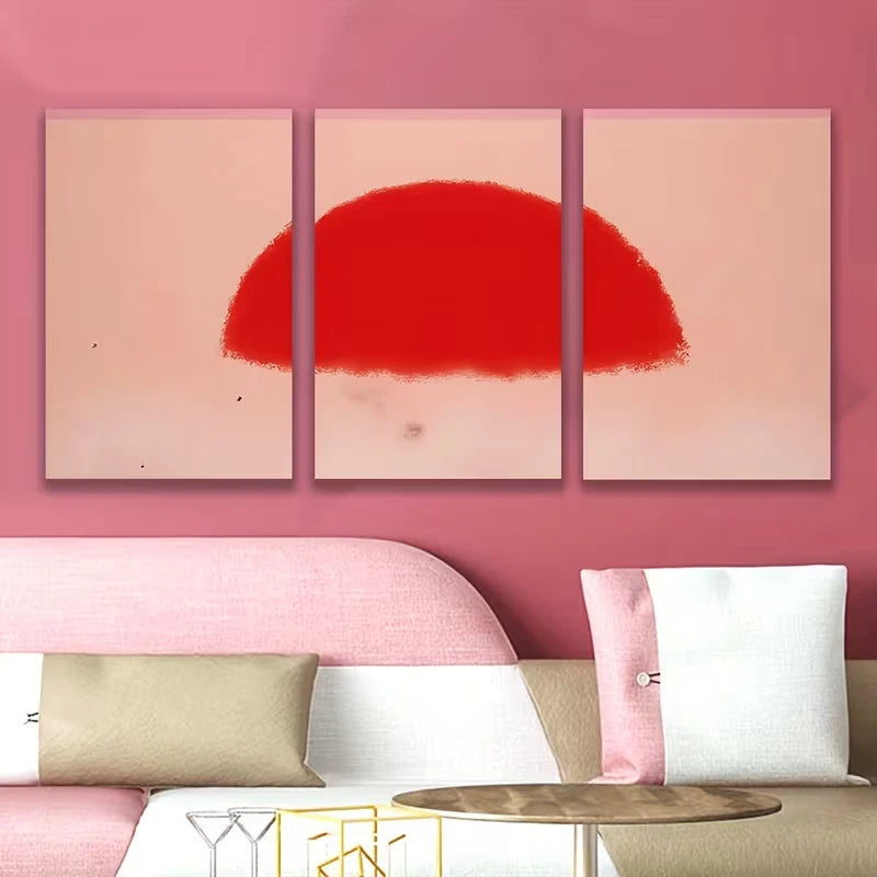 3pcs Abstract Red Curve In Pink Background Metal Print Ready to Hang Art