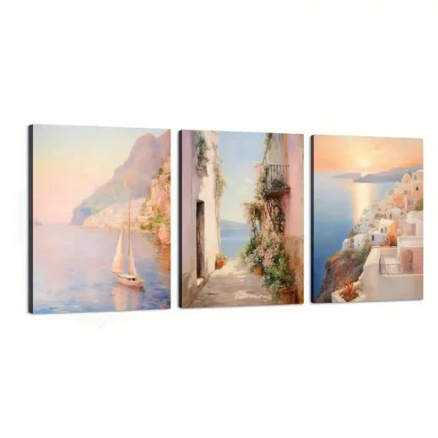 3pcs European Coastal Wall Art Set Canvas Unframed - High Quality Print 100% Australian Made Wall Canvas