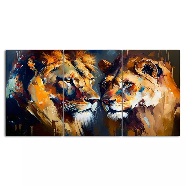 3 Piece Lion and Lioness Painting Canvas Framed 40x60cm - High Quality Print 100% Australian Made Wall Canvas Ready to Hang - Bella Home Decor