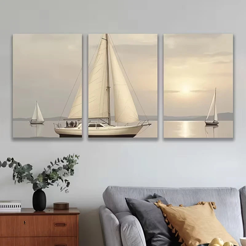 3pcs Sailboat In Sunset Metal Print Ready to Hang Art