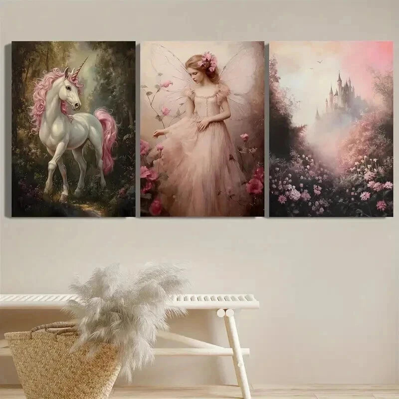 3pcs Enchanted Forest Unicorn & Fairy Perfect Wall Art Set Canvas Framed 60x90cm - High Quality Print 100% Australian Made Wall Canvas Ready to Hang - Bella Home Decor