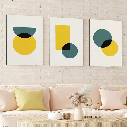 3pcs Abstract Retro Geometric Round Square Blue Wall Art Canvas Unframed - High Quality Print 100% Australian Made Wall Canvas - Bella Home Decor