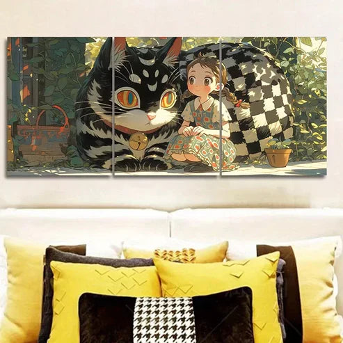 3pcs The Cat And The Girl Modern Art Wall Art Set Canvas Unframed - High Quality Print 100% Australian Made Wall Canvas
