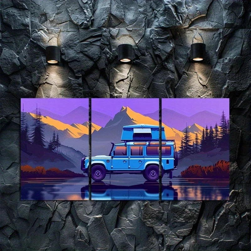 3pcs SUV with A Roof Tent Was Parked Metal Print Ready to Hang Art
