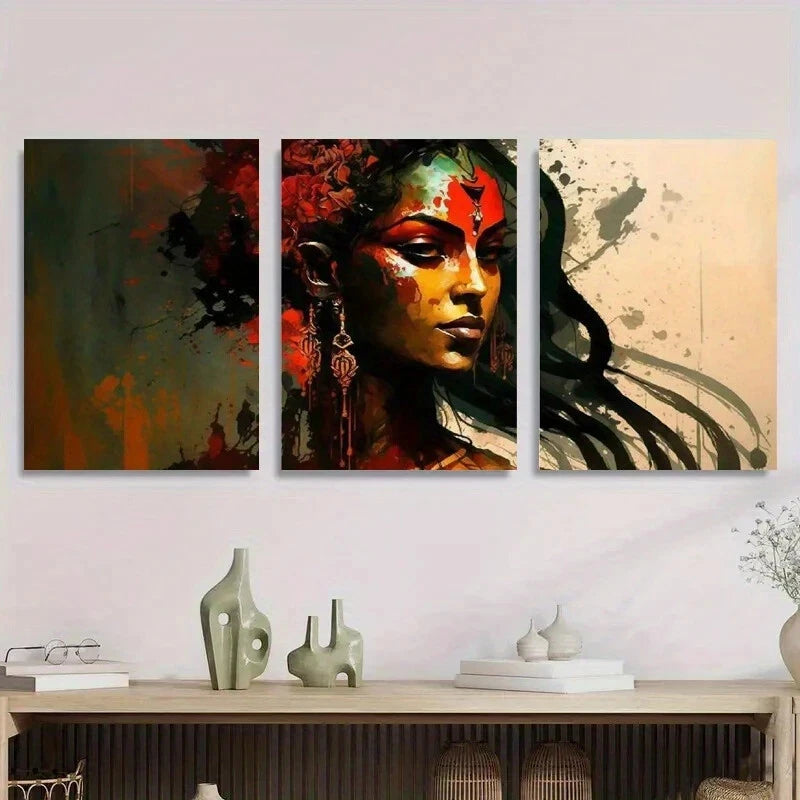 3pcs Vibrant Abstract Indian Woman Metal Print Ready to Hang Art