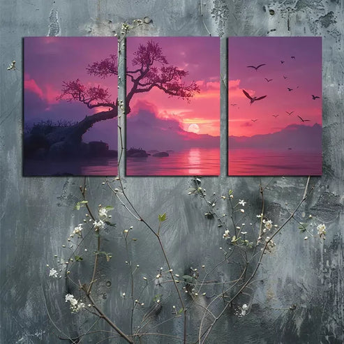 3pcs Cherry Blossoms By A Lake Wall Art Canvas Unframed - High Quality Print 100% Australian Made Wall Canvas - Bella Home Decor