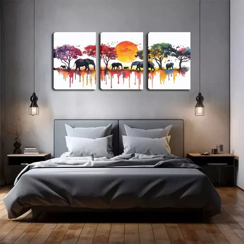 3pcs Grassland Animals, Sunset, Oil Painting Wall Art Canvas Unframed - High Quality Print 100% Australian Made Wall Canvas