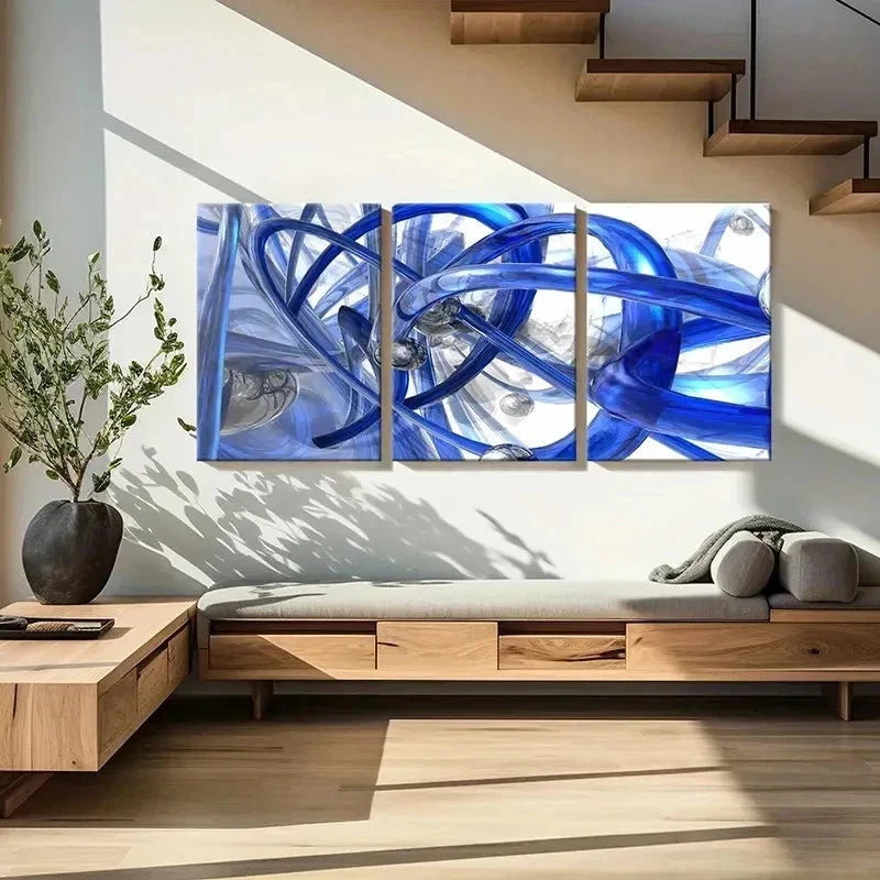 3pcs Abstract Blue Pipe with Silvery Marbles Wall Art Set Canvas Framed 50x70cm - High Quality Print 100% Australian Made Wall Canvas Ready to Hang - Bella Home Decor