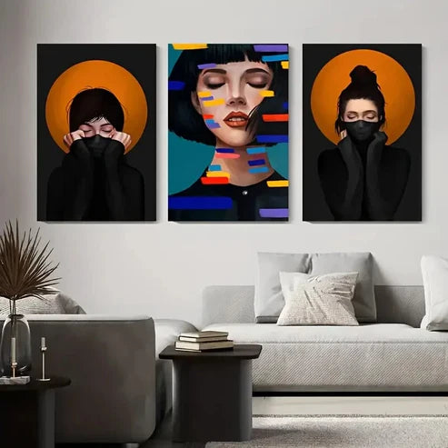 3pcs Vibrant Geometric Female Portraits Wall Art Set Canvas Unframed - High Quality Print 100% Australian Made Wall Canvas