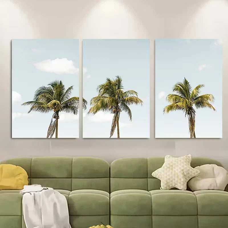 3pcs Palm Tree Serene Sky & Ocean View Metal Print Ready to Hang Art