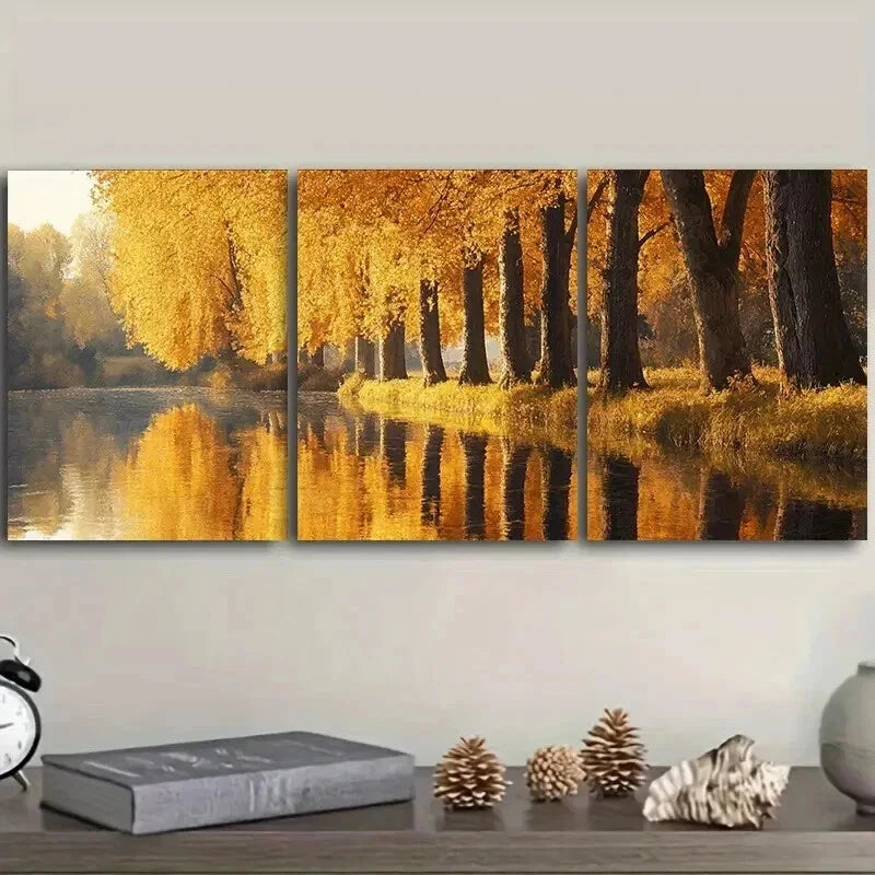 3pcs Golden autumn trees along the river Wall Art Set Canvas Framed 50x70cm - High Quality Print 100% Australian Made Wall Canvas Ready to Hang