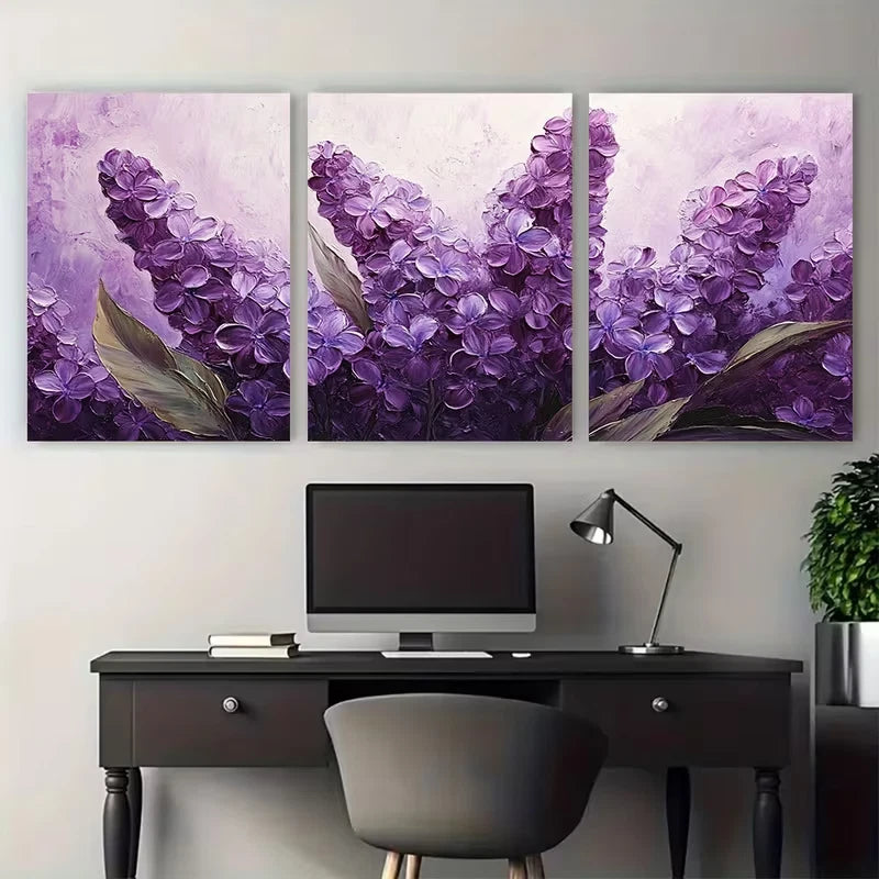 3pcs Lilac Painting Floral Impasto Art Flowers Wall Art Set Canvas Framed 40x60cm - High Quality Print 100% Australian Made Wall Canvas Ready to Hang
