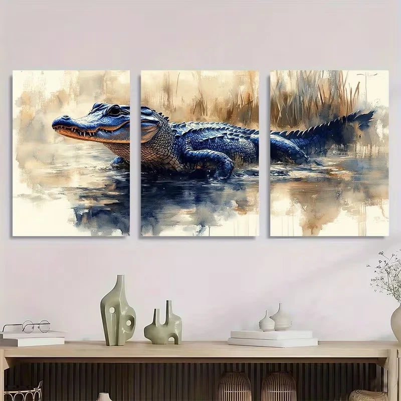 3pcs Lively Blue Crocodile with Golden Highlights Metal Print Ready to Hang Art