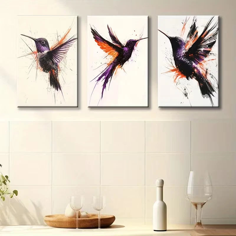 3pcs Purple and Black Hummingbird Bird Paintings Wall Art Set Canvas Framed 50x70cm - High Quality Print 100% Australian Made Wall Canvas Ready to Hang
