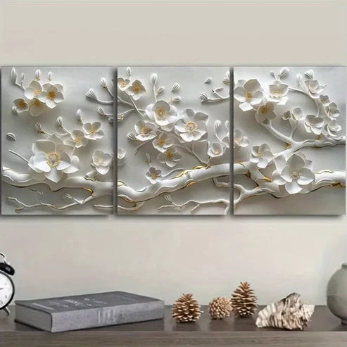 3pcs White Flower Modern Contemporary Style Wall Art Set Canvas Unframed - High Quality Print 100% Australian Made Wall Canvas
