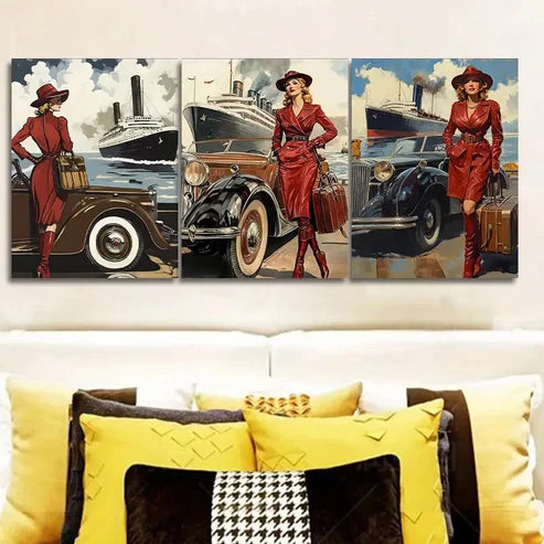 3pcs Featuring a Retro Modern Girl Wall Art Canvas Unframed - High Quality Print 100% Australian Made Wall Canvas