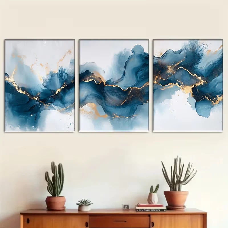 3pcs Blue & Golden Abstract Metal Print Ready to Hang Art